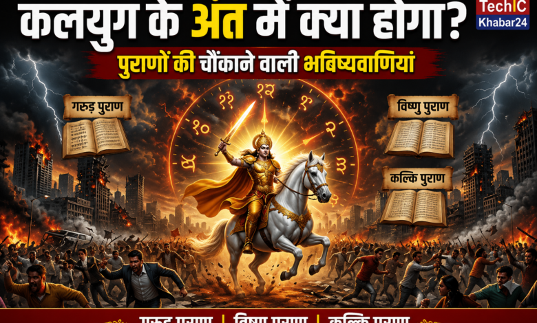 कलयुग के अंत को दर्शाती प्रतीकात्मक तस्वीर जिसमें कल्कि अवतार, गरुड़ पुराण, विष्णु पुराण और कल्कि पुराण की भविष्यवाणियां दिखाई गई हैं।